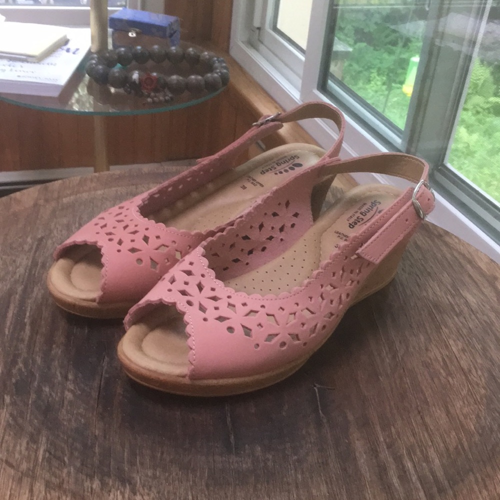 Pink peep toe wedge sandals